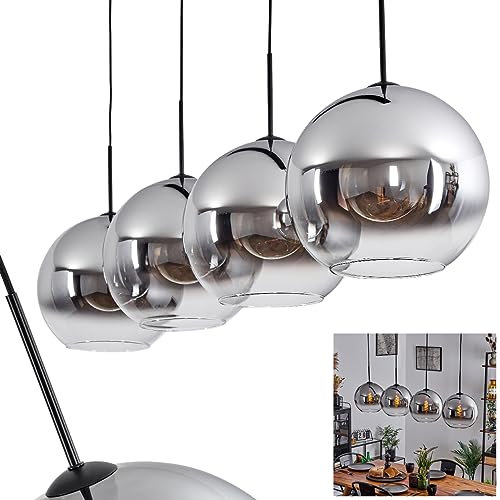 Hängeleuchte Koyoto, Hängelampe aus Metall/Glas in Schwarz/Chromfarben/Klar, Leuchte 4-flammig im Vintage/Retro Design mit Schirmen aus Glas (Ø 30 cm), Höhe max. 152 cm, 4 x E27, ohne Leuchtmittel