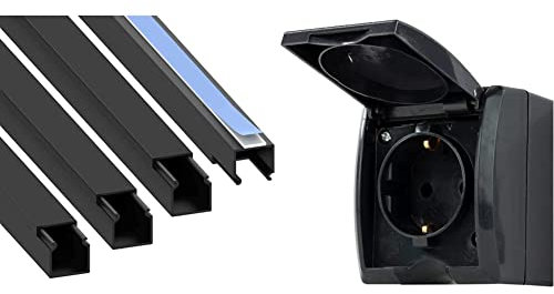 Cablecoach L1515SW4 Kabelkanal (selbstklebend) 15x15 mm, 4 m (4 x 1 m Länge), Schwarz & REV 0007031900 AquaForm, Steckdose - Feuchtraum, IP44 einpolig, Aufputz, anthrazit