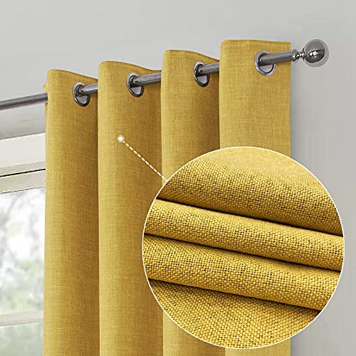 always4u Verdunkelungsvorhänge, 100 % Leinen, strukturierte Jute, lässiges Gewebe, wärmeisolierte Vorhänge für Wohnzimmer, Schlafzimmer, 2 Paneele, senfgelb, 137 x 274 cm