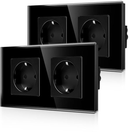 2er-Pack CNBINGO Glas Doppelsteckdose Unterputz in Schwarz - Zweifach Schuko Steckdose mit Kindersicherung - 16 Amp Schutzkontakt Wandsteckdose mit Glasrahmen