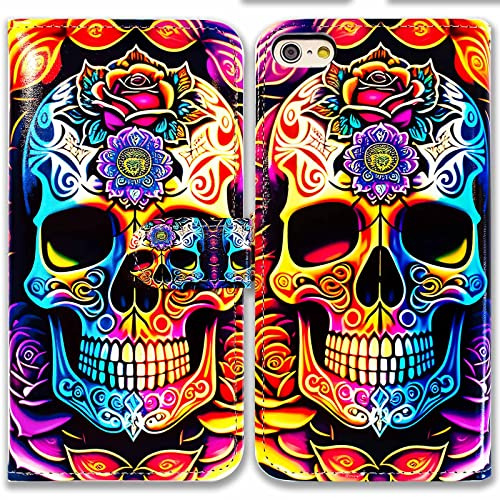 Bcov Case For iPhone SE 3rd Gen 2022,Colorful Mandala Skull Flowers Leather Flip Phone Case Wallet Cover with Card Slot Holder Kickstand for iPhone SE 2020 7 8