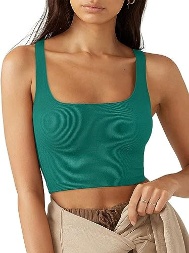 Rongseng Mujer Camiseta sin Mangas Sexy Crop Top Cuello Cuadrado Verano Deportivas Tank Tops Moda Casual Corto Chaleco Básicas Camistas para Gimnasio Entrenamiento