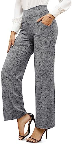 G4Free Yogahose Damen Lang Weite Jogginghose Hohe Taille Crossover Elegant Straighthose Bauchkontrolle Schlaghose Sporthose mit Taschen(Heather Grey,XL,31)