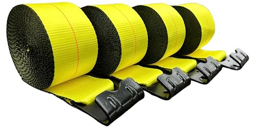 Falcon Cargo Lot de 4 Sangles de treuil de 10,2 cm x 9,1 m – 2 449,4 kg – Crochets Plats, remorques à Plateau, Attaches de Camion, Robustes