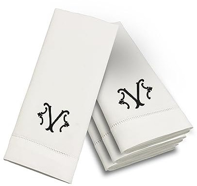 Premium-Baumwoll-Party-Tischservietten mit Stickerei-Initiale – 4 Stück, 50,8 x 50,8 cm, waschbar, Hohlsaum-Design, weiße elegante Stoffservietten für Familienessen, Hochzeitsfeiern, Heimdekoration