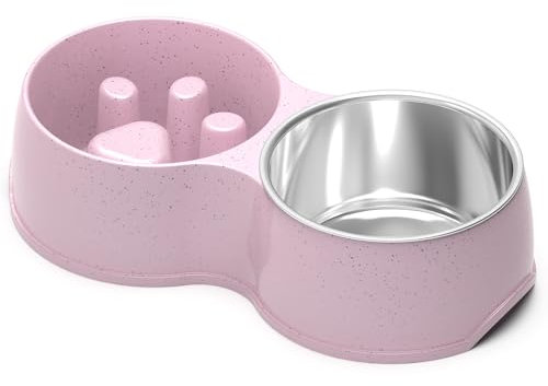 ZENO Double Slow Feeder Dog Bowl | Raised Dog Bowl with Non-Slip Bottom | Stainless Steel Bowl | Detachable Raised Bowl (Pink)