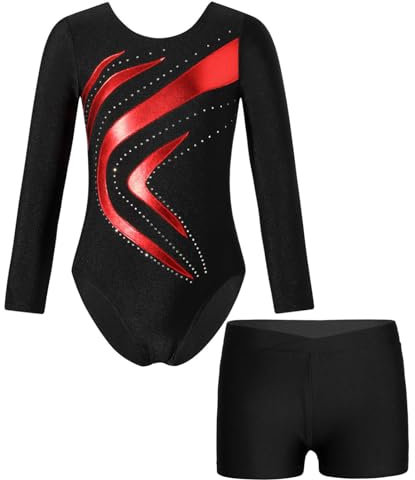 Alvivi Kinder Mädchen Turnanzug Gymnastikanzug Langarm Ballettanzug mit Shorts Tanzbody Ballett Trikot Leotard Wettbewerb Tanzkostüm Rot 146-152