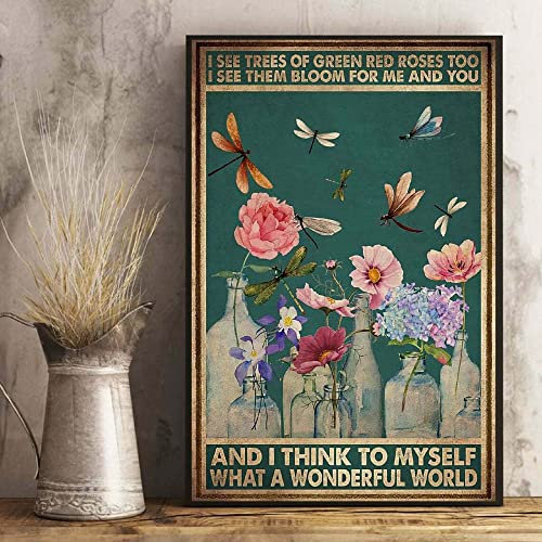 Yunking I Also Saw What A Wonderful World The Green Red Rose Tree On Dragonfly Tin Plaque, Vintage Metal Sign Kitchen Bathroom Office Bar Coffee Garage Cave Home Living Wall Decor 12 X 16 Inches.