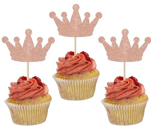 Rsstarxi 24 Pack Crown Cupcake Toppers Glitter Queen Crown Cupcake Food Picks for Queen Princess Theme Baby Shower Girls Wedding Birthday Party Cake Decorations Rose Gold