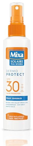 Mixa Solaire Peaux Sensibles - Spray Soin Solaire Haute Protection SPF 30+ UVA, UVA longs, UVB - Visage et Corps - Adultes et Enfants - Résistant à l'Eau et au Sable - Hypoallergénique - 150 ml