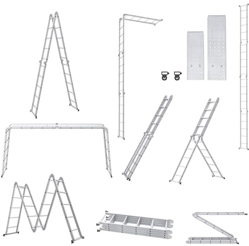 HENGMEI 6 in 1 Leiter Mehrzweckleiter Aluminium mit Plattform 5,5m Multifunktionale Klappleiter Arbeitsleiter Haushaltsleiter bis 150kg, 4x5 Stufen Stufen mit 2 Gerüstplatten