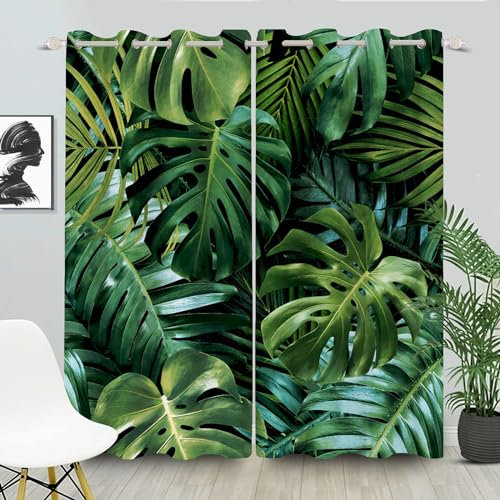 FABTOP Gardinen Blickdichter Grüne Palmblätter, Tropische Blätter Vorhänge Grüne Palmblatt Ösen Gardinen, Grüne Tropische Pflanze Muster Monstera Vorhänge (4,220×215BxH (110×215cm×2))