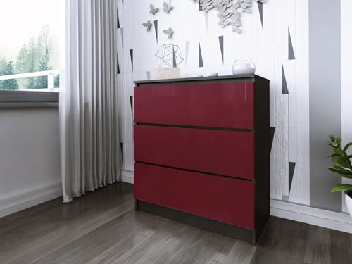 Faizee Möbel Schubkastenkommode Zoe 80-3 Schubladenkommode (Rot Hochglanz, Korpus: Schwarz)