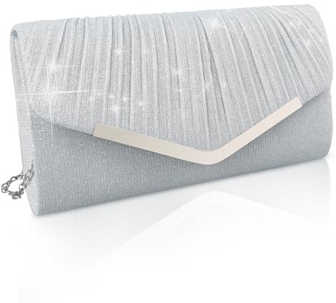 PRITOK Silber Clutch Damen: Glitzer Abendtasche mit Abnehmbarer Kette, Metallic Pailletten Handtasche für Hochzeit, Party Freizeit，Elegante Umhängetasche oder Clutch für jeden Anlass
