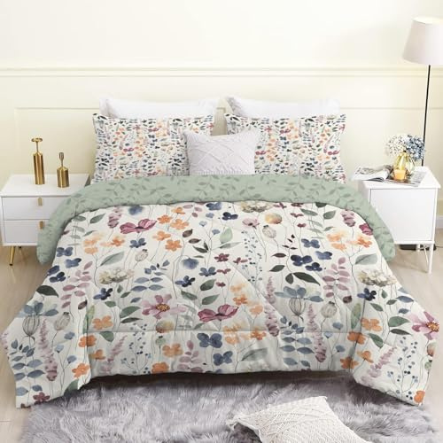 Bettdecke 155x220 4 Jahreszeiten, Beige Blume Wende Steppdecke 155x200 | Ganzjahresdecke Bettdecken, Salbeigrüne Pflanzen Schlafdecke Waschbar Zudecke Vierjahreszeiten mit 2 Kissenbezügen 80x80 cm