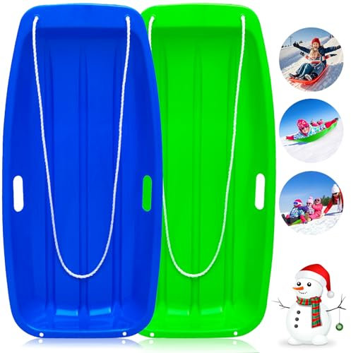 AKLIFFE Luge de Plastique avec 2 Lignes de Luge, 89 cm Bob Luge pour Faire de la Luge avec poignées pour Unisexe Enfants Adultes Sports d'hiver (Bleu+Vert)