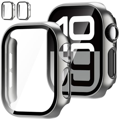 Jvchengxi Funda 42mm para Apple Watch Series 10 (2024) con Cristal Templado Protector Pantalla, Duro PC Carcasa Protectora HD Antiarañazos Vidrio Templado Case (Titanio+Titanio, 42mm)