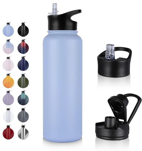 UMBFUN Edelstahl Trinkflasche - 1.2L - mit Strohhalm,Auslaufsicher,Kohlensäure Geeignet,BPA frei Thermosflasche(+2 Deckel) Vakuum Doppelwandisolierung für Sport,Reisen,Camping,Schule,Fahrrad,Gym
