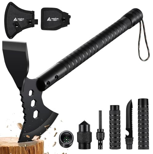 Freelander Axt Survival 10 in 1, Scharfe Outdoor Camping Axt mit Hacke, 44.5CM Spaltaxt für Holz mit Scheide, Bushcraft Beil Multitool für Wandern, Garten, Geschenk für Männer
