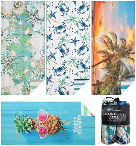 Casa Platino 4er-Pack Strandtücher – extra groß, 81,3 x 180,3 cm, Mikrofaser, schnell trocknendes Handtuch-Set, doppelseitig bedruckt, leichtes Pool-Handtuch für Reisen, Camping und Outdoor