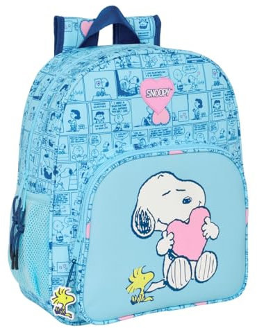 SNOOPY Love Schulrucksack für Kinder, Kinderrucksack, anpassbar an Kinderwagen, ideal für Kinder im Schulalter, bequem und vielseitig, Qualität und Widerstandsfähigkeit, 32 x 12 x 38 cm, hellblau, M,
