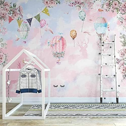 XLMING Cartoon Heißluftballon Rosa Wolken Blumen Kinder 3D Tapete Wohnzimmer Sofa Schlafzimmer Esszimmer Home Dekoration Wand-200cm×140cm