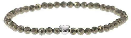LAKADA Echtes Pyrit Edelstein Armband mit facettierten 4mm Perlen und Edelstahlherz Heilstein Schutzstein Edelsteinarmband Glücksbringer Talisman Geschenk (Pyrit, 18CM, S)