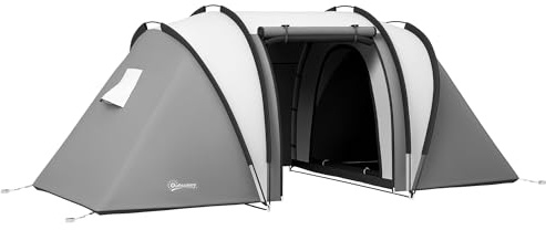 Outsunny Tienda de Campaña Familiar para 4-5 Personas Tienda de Acampada de Túnel Impermeable 3000 mm con 2 Dormitorios Bolsa de Transporte y Gancho para Pescar Senderismo Gris