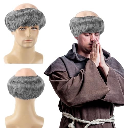 FOUNSHO Bald Head Cap Wig, Men's Grey Short Straight Hair Monk Old Man Fancy Dress Wig with Friar Hair Cut, Bowl Cut Funny Monk Costume For Adult Kids Halloween Cosplay 80s 90s Party (Grey)