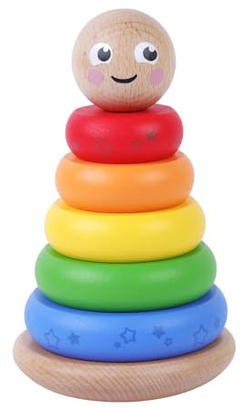 jumini Wooden Stacking Rings – Adorable Smiley-Face Stacking Toy | Wobbly Stacker | Eco-Friendly FSC Wood | Non-Toxic Paint | Safe for Toddlers | Pastel Colours | Suitable for Babies 12 Months+