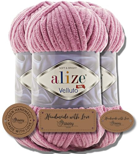 Hobby YARN 3x Etikettenlabel mit Alize Velluto Wolle Premium 3x100g als Set, Chenille Dicke Wolle zum Häkeln Uni Farbe Bulky Amigurumi Baby Kuschelwolle Filzwolle (Rose - 98)