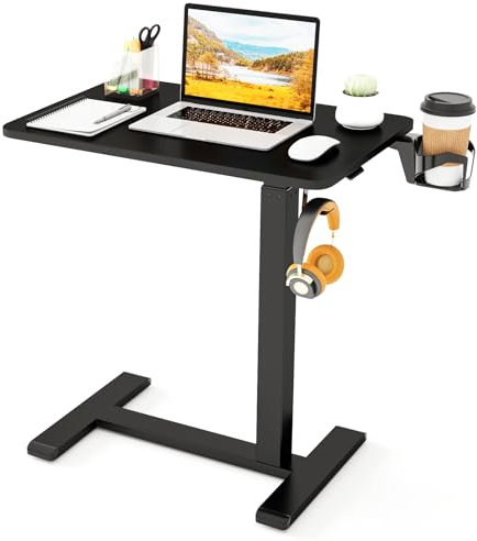 GYMAX höhenverstellbarer Stehpult, c-förmiger Beistelltisch mit Verstellbarer Tischplatte, drehbarem Becherhalter & Haken, mobiler Schreibtisch mit Rädern, 60 x 40 x 65,5-100 cm (Schwarz)