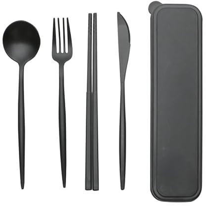 Primasage 2 Pezzi Posate da Viaggio, Facile da Trasportare, Riutilizzabili Posate Plastica Rigida Lavabili per Picnic, Scuola, Ufficio (Nero)