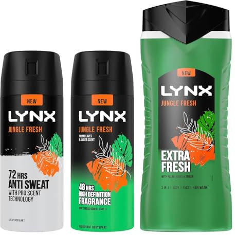 Lynx Jungle Fresh Men’s 3 Pack Bundle of 150ml Body Spray, 150ml Antiperspirant & 500ml Shower Gel, with 48H Sweat & Odour Protection for All Day Freshness