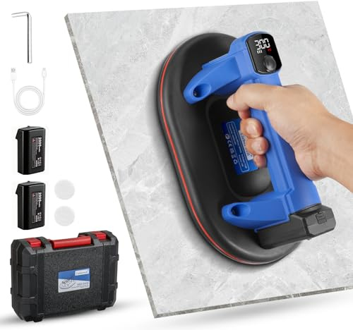 Ventouse électrique Sans Fil pour Carrelage, Verre et Marbre avec 2 Batteries de 2000 mAh, 300 kg, Forte Puissance D'aspiration électrique avec affichage LCD, Remplissage Automatique D'air, 2 Moteurs