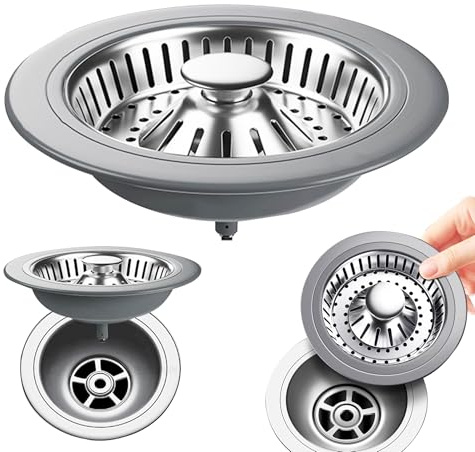 1 PCS Strainer Stainless,Pop Up Drain Stopper,3 in 1 Kitchen Sink Strainer,Push-Type Sink Plug,Pop up Sink Drainer Plug,stainless steel drain plug,For Food Waste Catcher.(Hole Diameter 78-85mm,Slive.)
