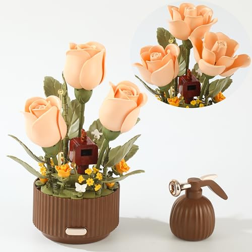 Electric Flower Bouquet Building Set 255PCS – Motorized Blooming Roses with Interactive Spray Bottle, Watering Sound & LED Lights, DIY Botanical Kit ，Unique Gift for Women & Adults, Room & Desk Decor