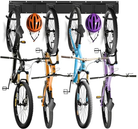 OUUTMEE Bike Storage Rack, Adjustable Wall-mounted Bike Rack | 32 Inch for 4 Bikes + 2 Helmets Up to 300lbs, Heavy Duty Bicycle Hangers Hooks for Garage, Home, Black