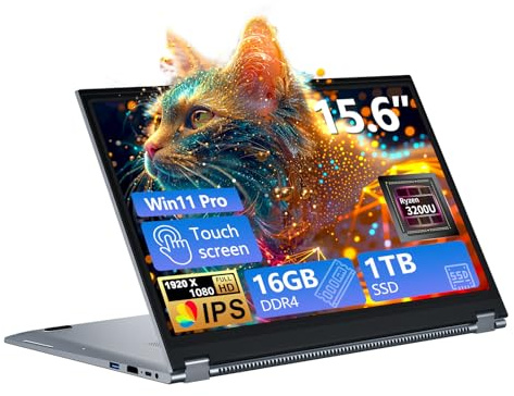 PC Portatile 2-in-1 Touchscreen da 15,6 Pollici, Notebook Win 11 con Processore Ryzen 3 3200U, 16GB RAM 1TB SSD, Laptop 360° Rotation Touchscreen 1080P FHD, Computer Portatile RJ45 USB3.0 Mini-HDMI