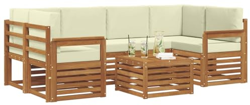 vidaXL Sofagarnituren 7 pcs Natur und Creme Massivholz Akazie, Garten-Sofa-Eckgarnitur, strapazierfähiges Lounge-Möbel, modernes Patio-Set für chilliges Terrassenleben