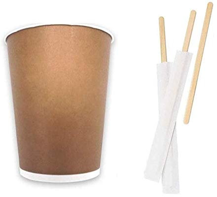 Dos Ejes S.N.C. De Sabatini Aldo & C. 100 Vasos 12 oz Maxi de Papel 350 ml para café Americano + 100 Varillas de Madera envueltas 19 cm