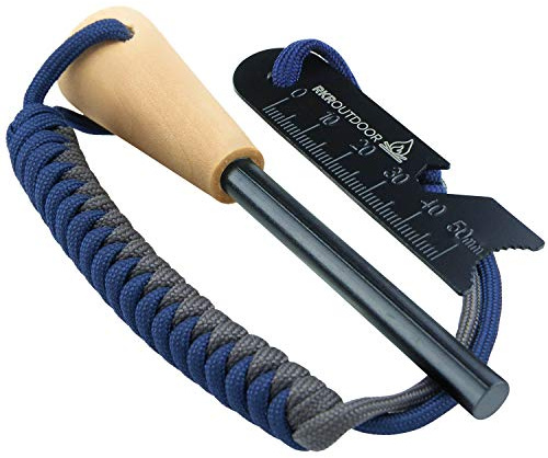 RKR OUTDOOR Ferro Rod Flint Fire Starter Kit with Handcrafted Wood Handle |12,000+ Strikes | Survival Flint and Steel Rods with Multi-Tool Striker and Paracord Neck-Wrist Lanyard for Your Camping Gear