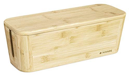 Navaris Bambus Kabelbox mit Deckel - Organizer für Kabel 32x12x11cm - Kabeldose Ordnung - Box Kabelaufbewahrung Schreibtisch PC TV - Kabelsammler