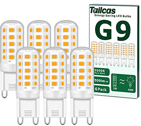 Tailcas Ampoules LED G9, 5W Equivalent 50W Halogène Lampe, 15.5mm x 51mm Blanc Chaud 3000K 500LM Non Dimmable Sans Scintillement AC/DC 220-240V pour Chambre Salon Cuisine Jardin, Paquet de 6