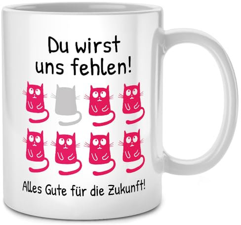 Seness Du wirst uns fehlen Tasse Spruch Katze, Abschiedsgeschenk Kollegen Jobwechsel, beste Kollegin Abschied Geschenk, Lieblingskollegin, Rente Ruhestand Rentner, Katzen Tassen mit Sprüchen lustig