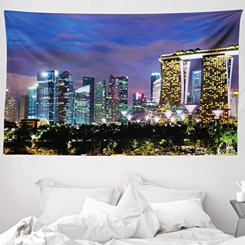 ABAKUHAUS Reise Wandteppich und Tagesdecke, Singapur Stadt aus Weiches Mikrofaser Stoff Waschbar ohne Verblassen Digitaldruck, 230 x 140 cm, Lila Blau