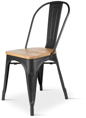 Kosmi Chaise en métal Noir Mat avec Assise en Bois Clair - Style Industriel