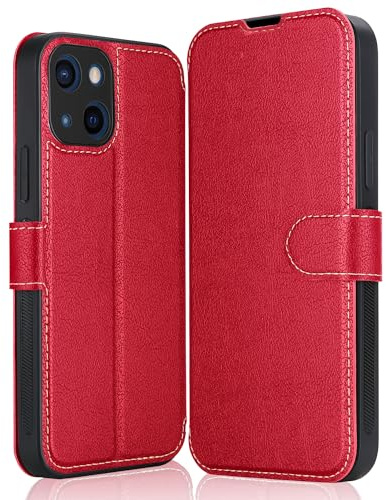 ELESNOW Phone Case for iPhone 13, Flip Wallet PU Leather Card Holder with RFID Blocking Magnetic Closure Stand Cover for Apple iPhone 13 (Red)