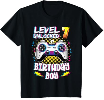 Kids 7 Years Old Birthday Level 7 Unlocked Gamer 7th Birthday Boy T-Shirt