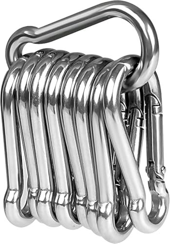 LISOPO 8 x 304 Stainless Steel Carabiner Hooks, Large 70 mm x 7 mm, Snap Closure, Load Capacity, Carabiner Hooks, Premium Quality Steel All Lifting Aids and Handles One Eyelet (GG08-MNBS)